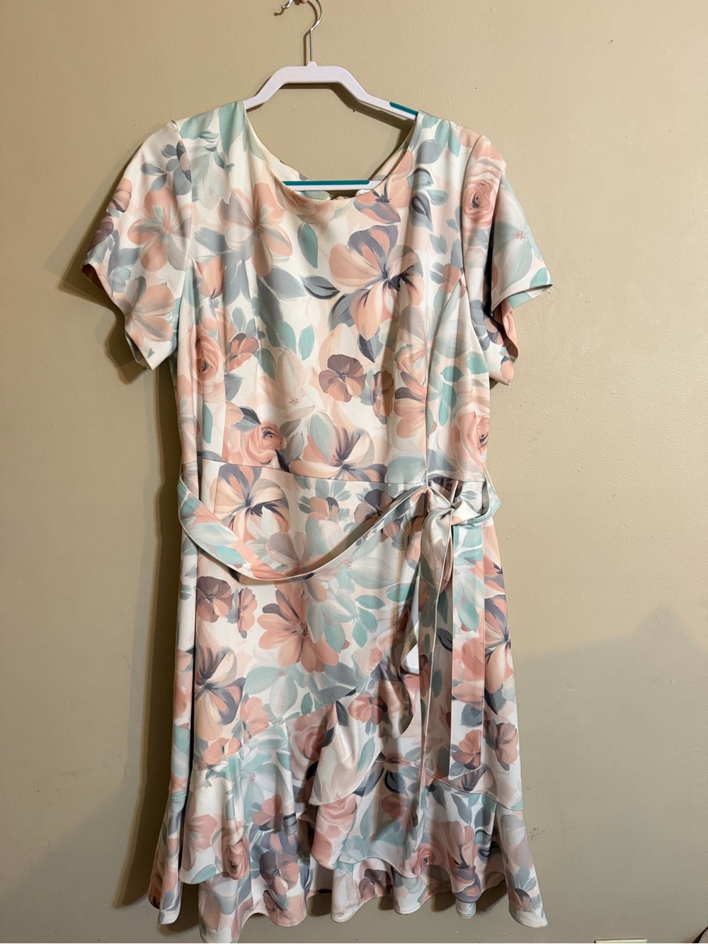 Calvin Klein Floral Tie-Waist Midi Dress in Pastel Pink & Mint